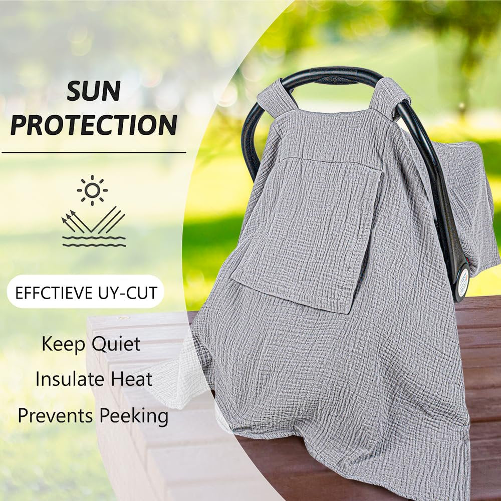 Beavtaens Baby Car Seat Cover, Muslin Infant Carseat Canopy with Breathable Mesh Peep Window & Pocket, Kick-Proof, for Boys Girls (Grey)