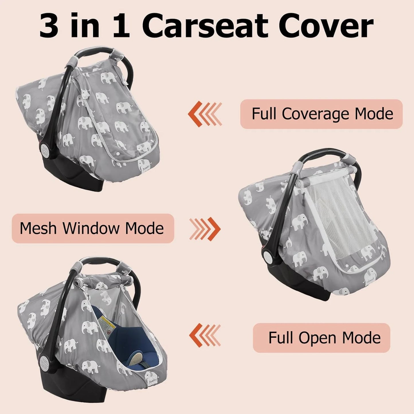 Beavtaens Car Seat Covers for Babies, Large Window Baby Car Seat Covers, Stretchy Carseat Canopy with Breathable Peekaboo, Kick-Proof & Windproof Infant Carseat Cover for Boys Girls (Elephants)