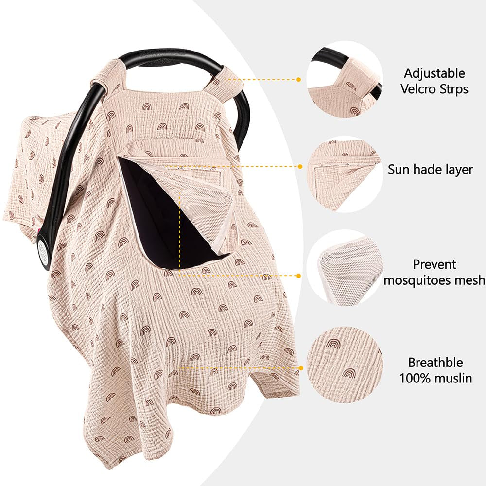 Beavtaens Baby Car Seat Cover, Muslin Infant Car Seat Cover, Carseat Cover with Breathable Mesh Peep Window & Pocket, Kick-Proof Infant Carseat Cover for Boys Girls (Rainbows)