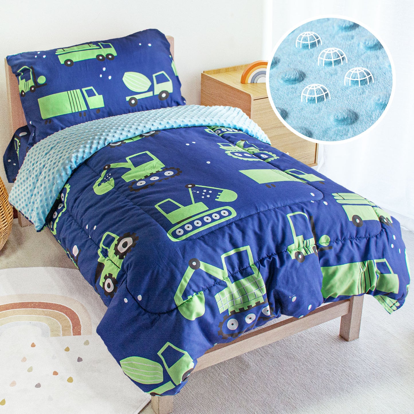 Baby Crib Bedding Set for Boy Girls, 4-Piece, Includes Pillowcase, Crib Sheet, Quilt, and Crib Fitted Sheet (Green Cars)