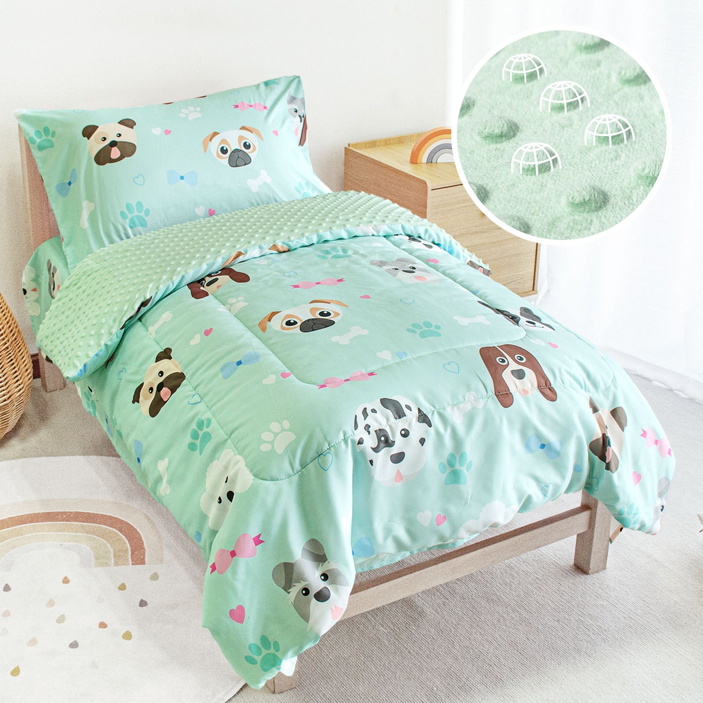 Baby Crib Bedding Set for Boy Girls, 4-Piece, Includes Pillowcase, Crib Sheet, Quilt, and Crib Fitted Sheet (Green Puppies)