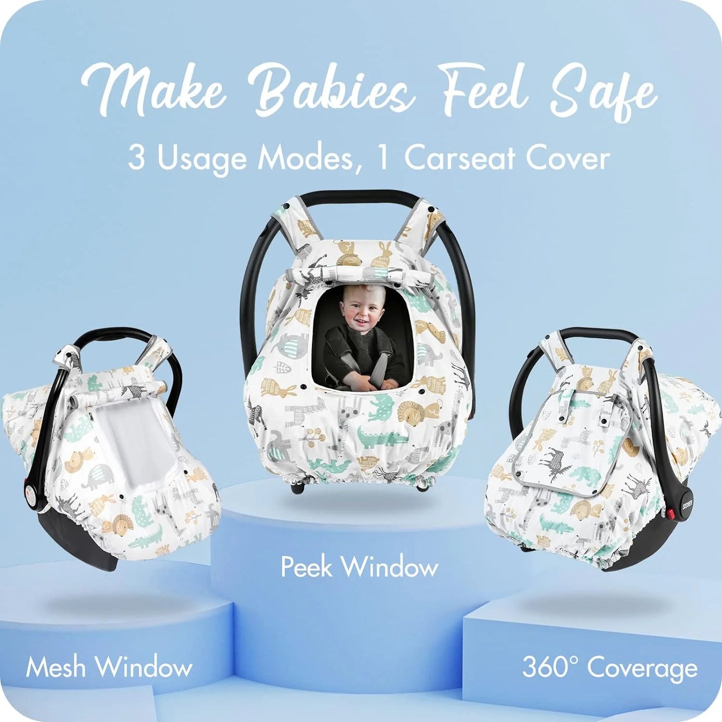 Beavtaens 3-in-1 Breathable Winter Baby Car Seat Cover with Storage Bag (White Animals)