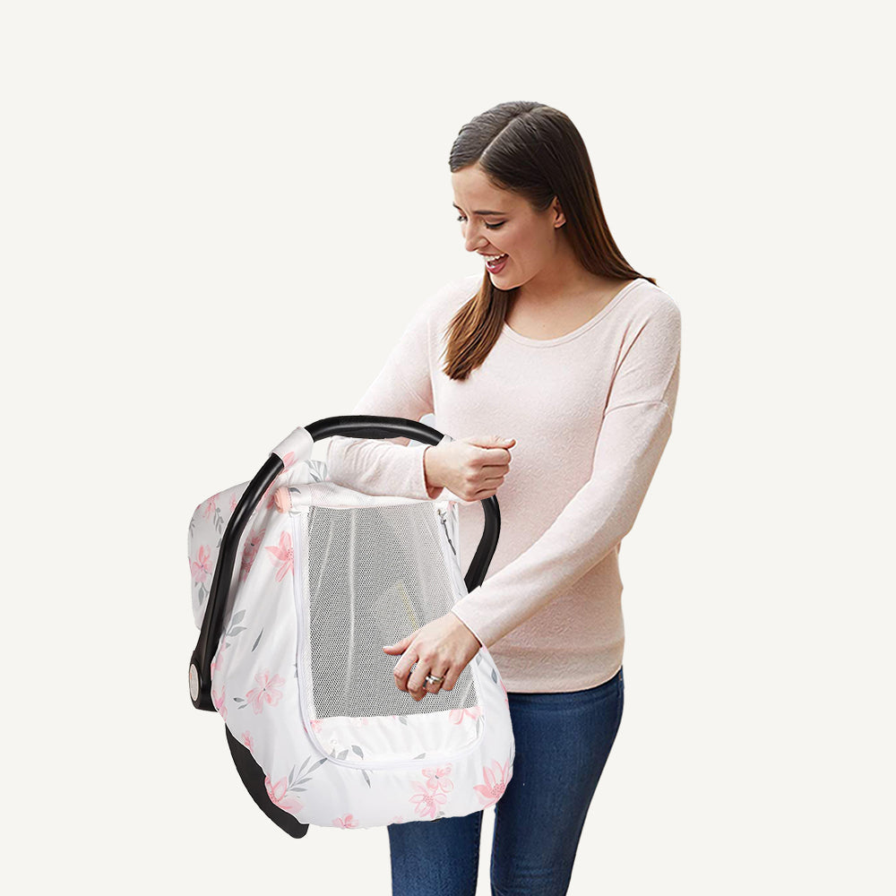 Beavtaens Car Seat Covers for Babies, Breathable and Stretchy Carseat Canopy with Large Window, Kick-Proof & Windproof, for Boys Girls(Flowers)
