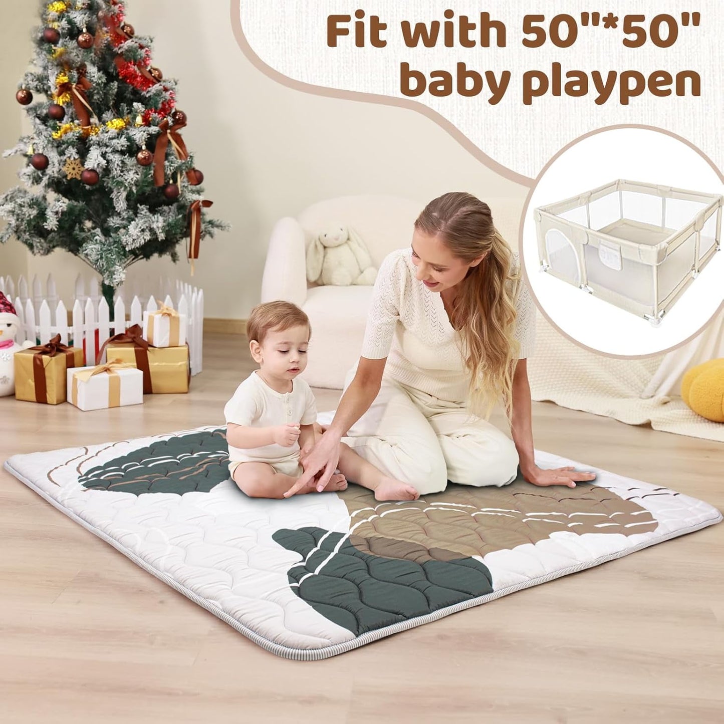 Beavtaens Baby Play Mat, Foam 50" X 50" Playpen Mat, Thick Crawling Portable Baby Floor Mat, Non-Slip, Machine Washable (Scandinavian)