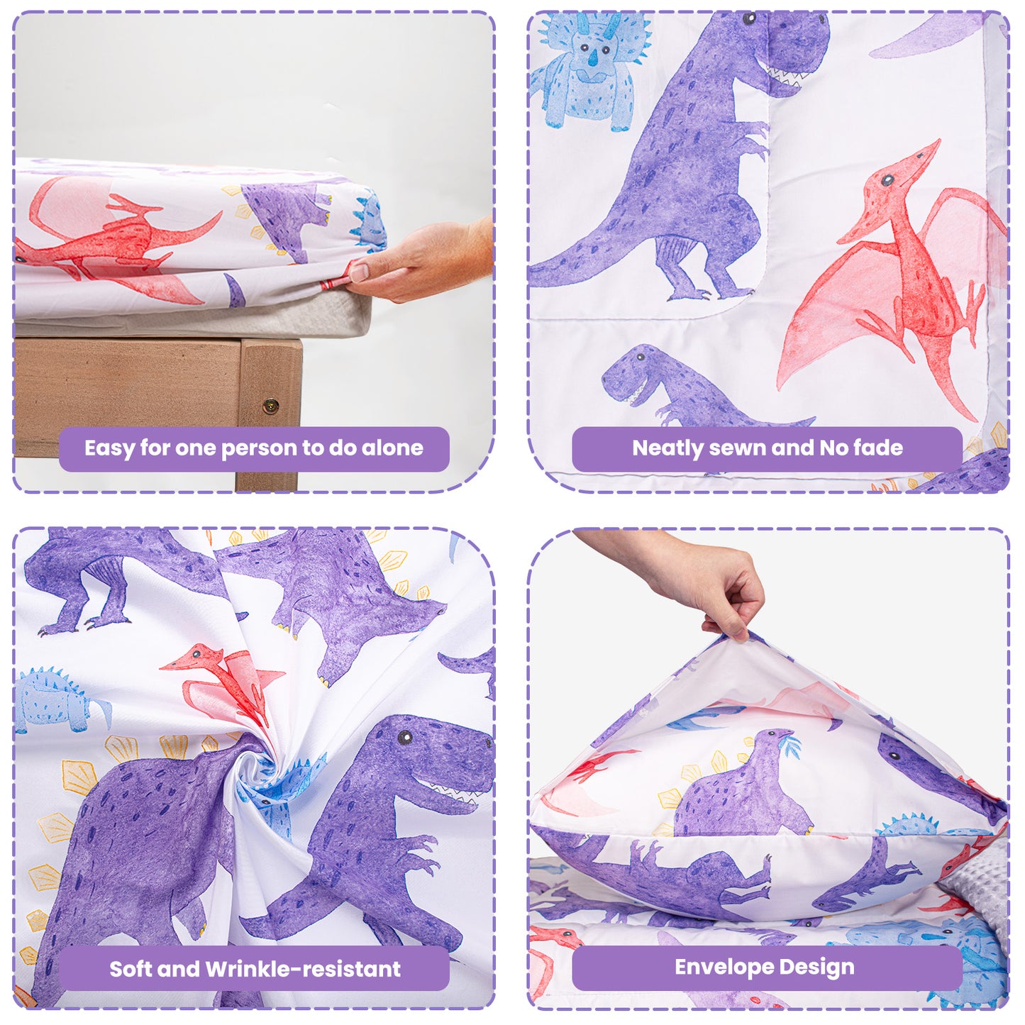 Baby Crib Bedding Set for Boy Girls, 4-Piece, Includes Pillowcase, Crib Sheet, Quilt, and Crib Fitted Sheet (Purple Dinosaur)