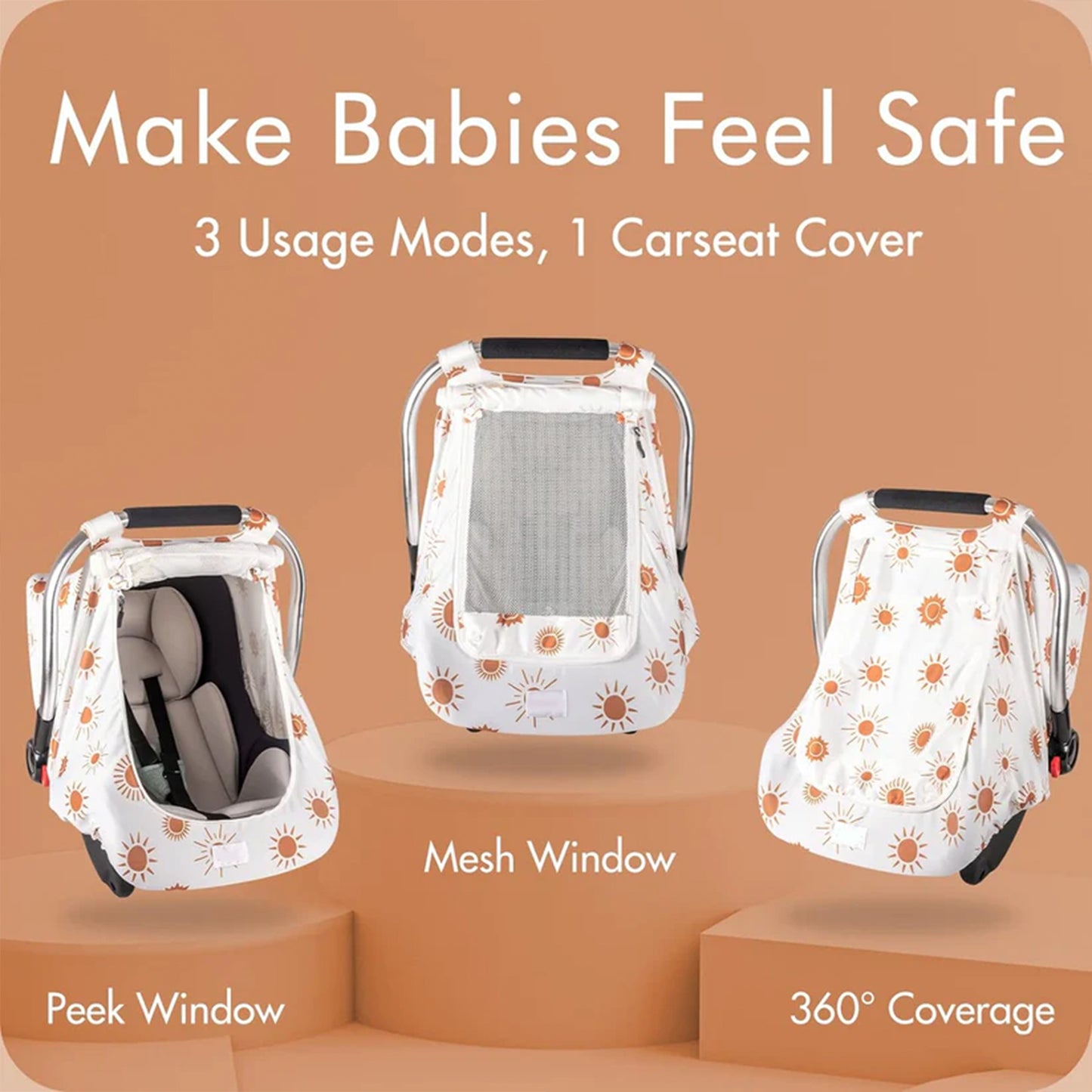 Beavtaens Car Seat Covers for Babies, Large Window Baby Car Seat Covers, Stretchy Carseat Canopy with Breathable Peekaboo, Kick-Proof & Windproof Infant Carseat Cover for Boys Girls (Sun)