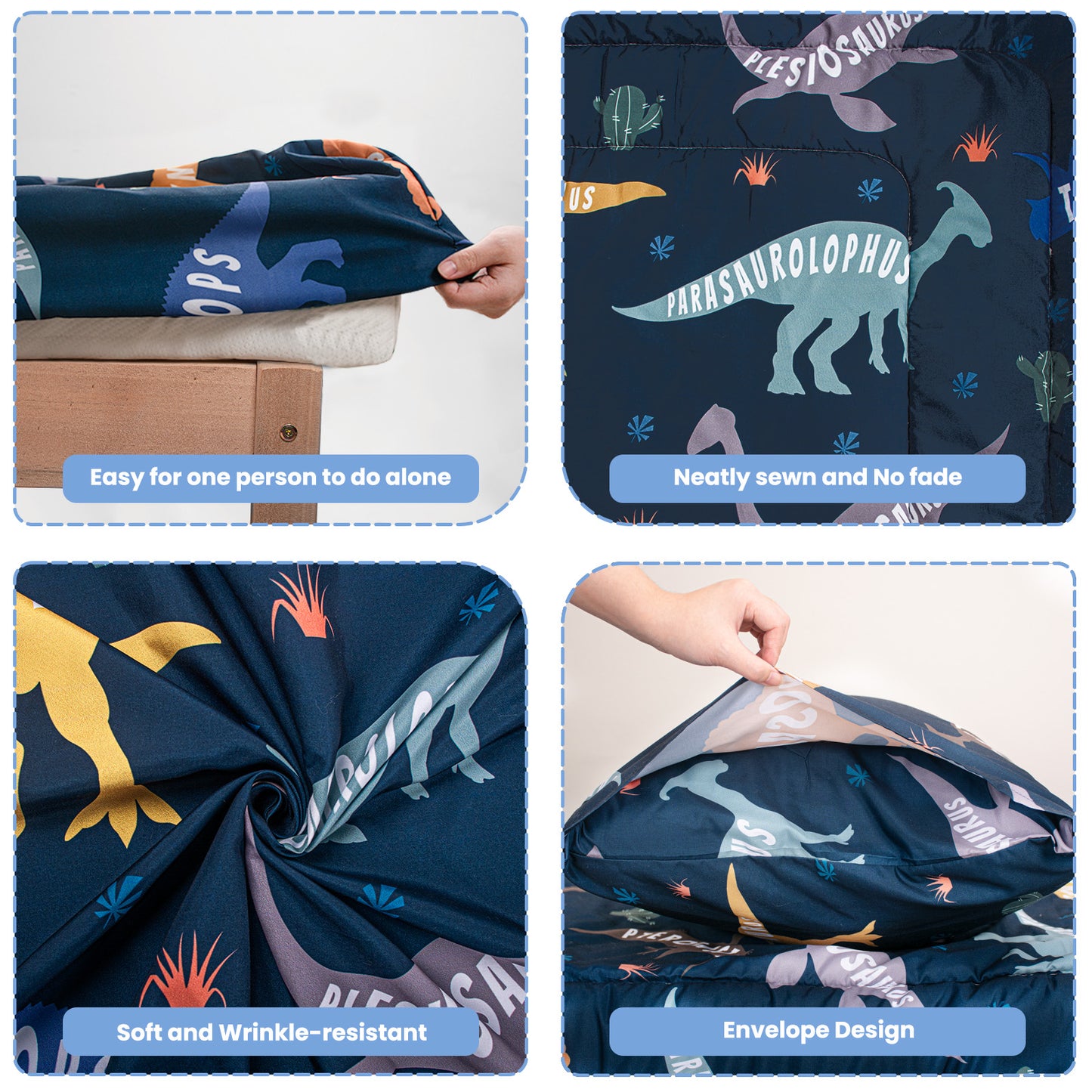 Baby Crib Bedding Set for Boy Girls, 4-Piece, Includes Pillowcase, Crib Sheet, Quilt, and Crib Fitted Sheet (Blue Dinosaur)