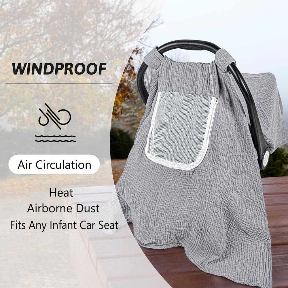 Beavtaens Baby Car Seat Cover, Muslin Infant Carseat Canopy with Breathable Mesh Peep Window & Pocket, Kick-Proof, for Boys Girls (Grey)
