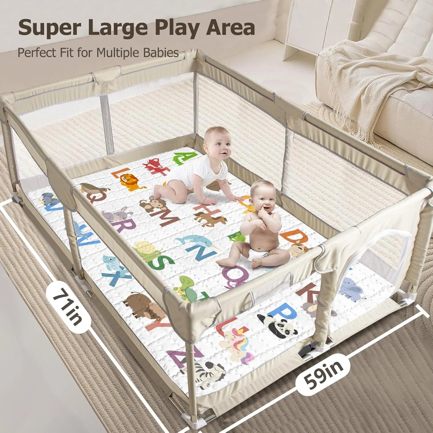 Beavtaens Baby Play Mat, 71x59 Playpen Mat (Animal Alphabets)