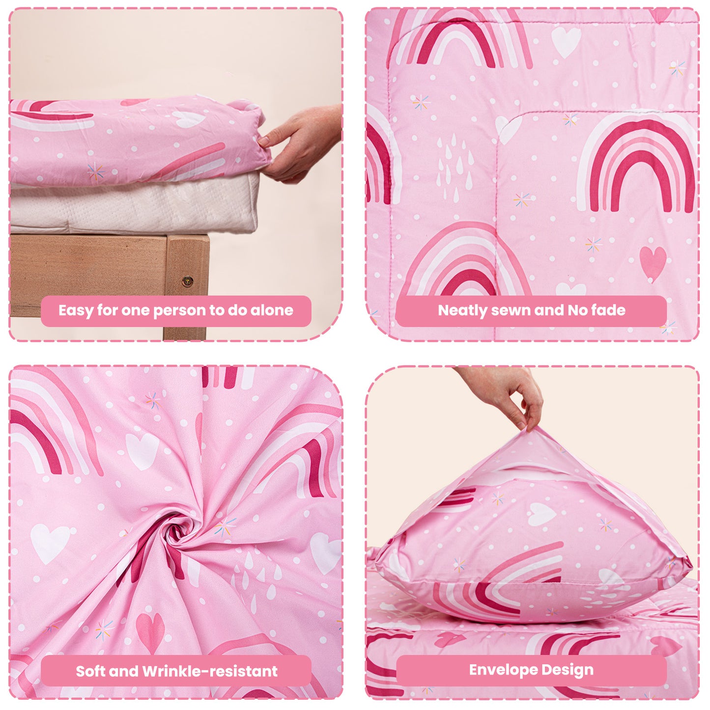 Baby Crib Bedding Set for Boy Girls, 4-Piece, Includes Pillowcase, Crib Sheet, Quilt, and Crib Fitted Sheet (Pink Rainbow)