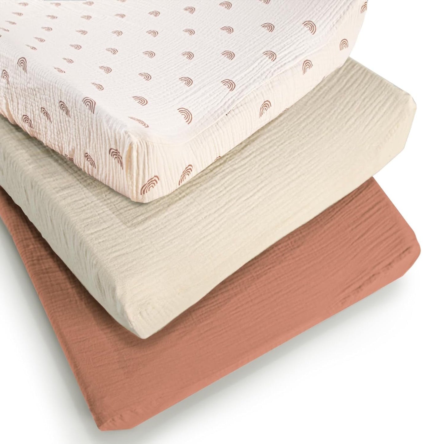 Beavtaens Muslin Changing Pad Cover, Solid Color, 100% Cotton, Washable, 3-Pack, for 0-2 Years Infant Boys Girls (Rainbows)