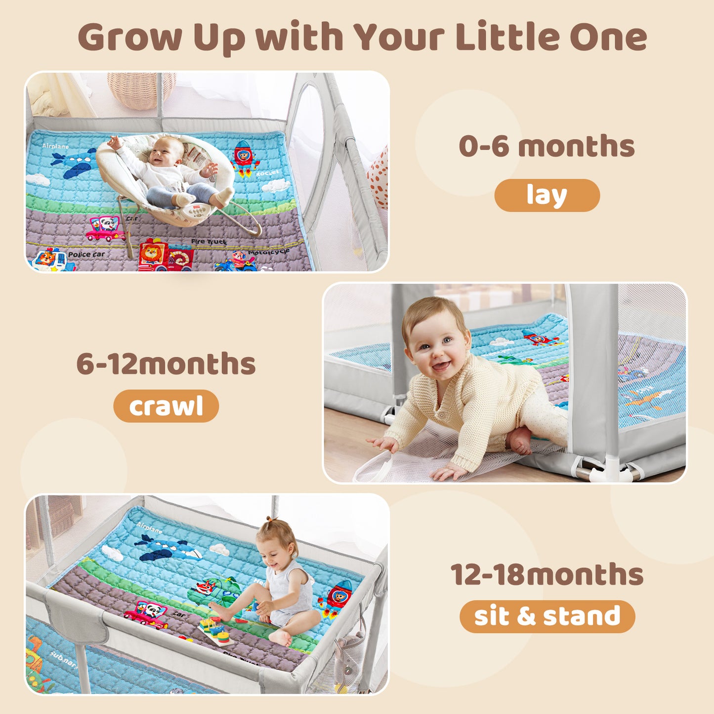 Beavtaens Baby Play Yard with Mat, 50"x50" Playpen for Babies and Toddlers, Safe and Non-Slip Baby Play Area with Zippered Door and Carrying Bag, Infant Travel Fence with Visible Mesh