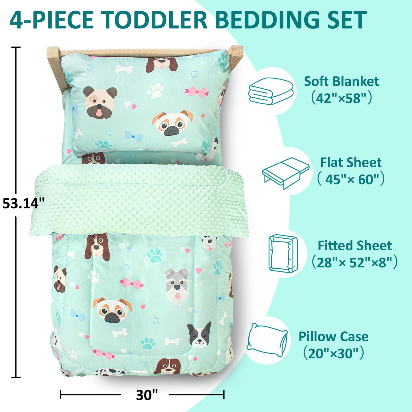 Baby Crib Bedding Set for Boy Girls, 4-Piece, Includes Pillowcase, Crib Sheet, Quilt, and Crib Fitted Sheet (Green Puppies)