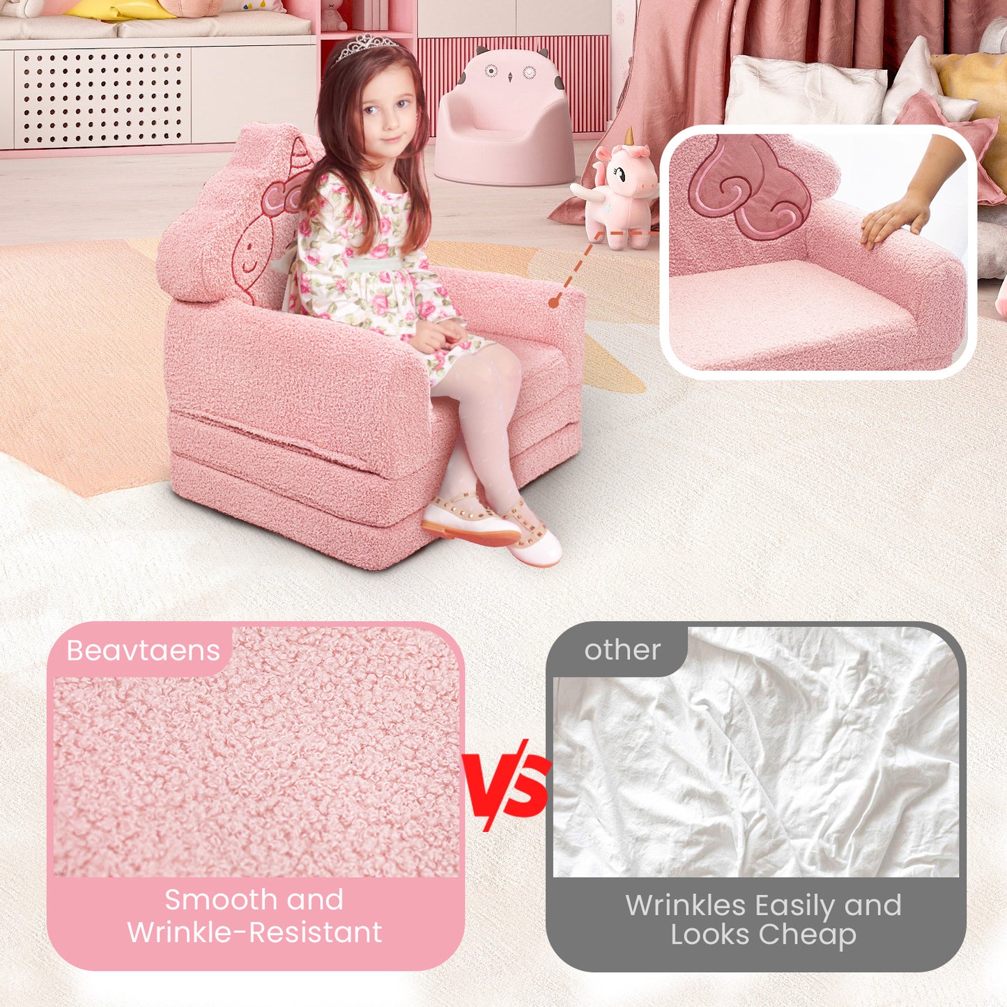 Beavtaens Toddler Couch, 2-in-1 Kids Comfy Chair with Teddy Fleece, Pink Toddler Fold Out Couch with Cute Unicorn Designs, Soft Sofa Bed for Kids