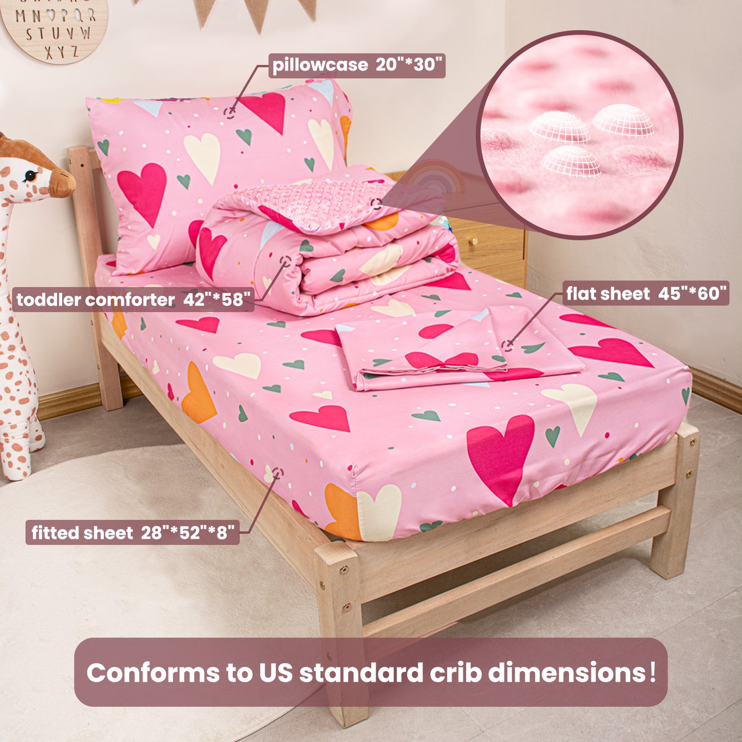 Baby Crib Bedding Set for Boy Girls, 4-Piece, Includes Pillowcase, Crib Sheet, Quilt, and Crib Fitted Sheet (Hearts)