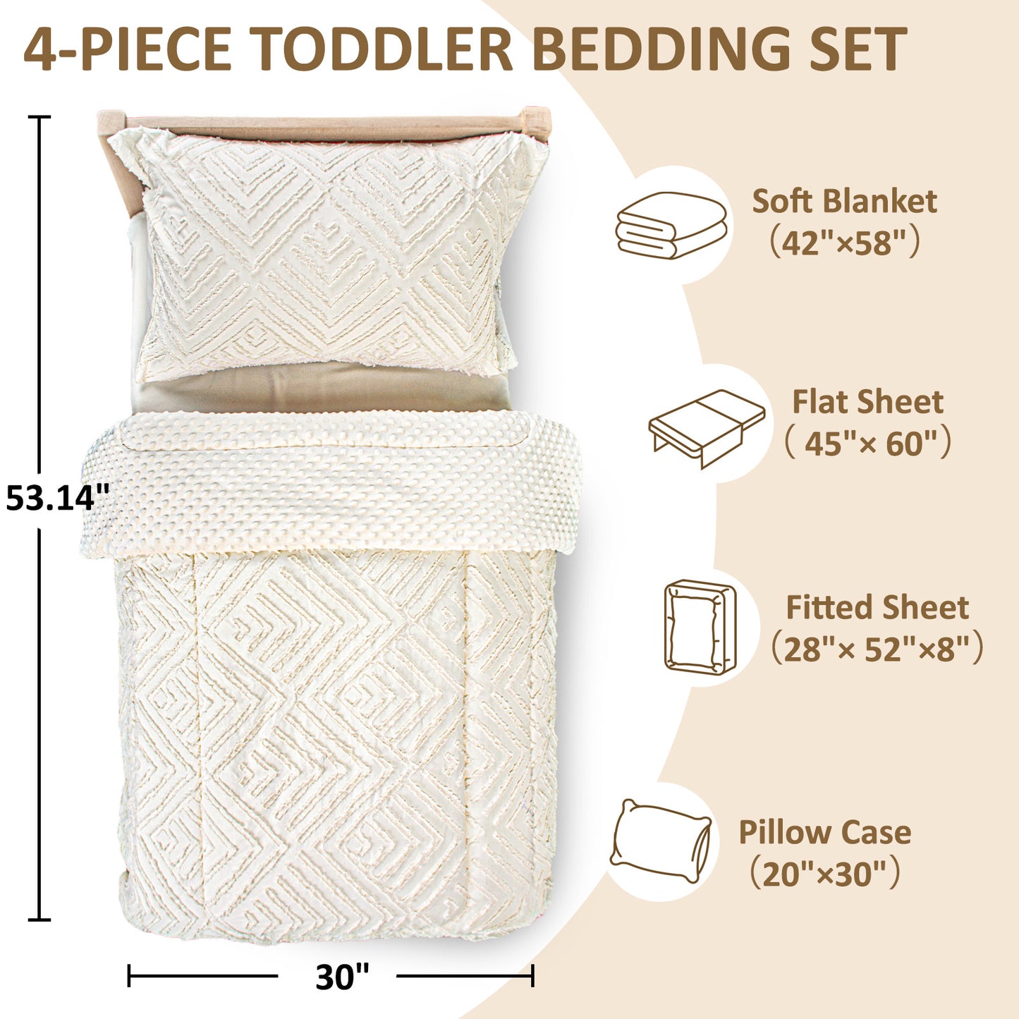 Baby Crib Bedding Set for Boy Girls, 4-Piece, Includes Pillowcase, Crib Sheet, Quilt, and Crib Fitted Sheet (White)