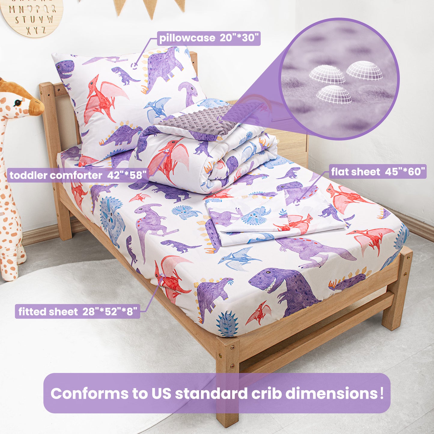 Baby Crib Bedding Set for Boy Girls, 4-Piece, Includes Pillowcase, Crib Sheet, Quilt, and Crib Fitted Sheet (Purple Dinosaur)