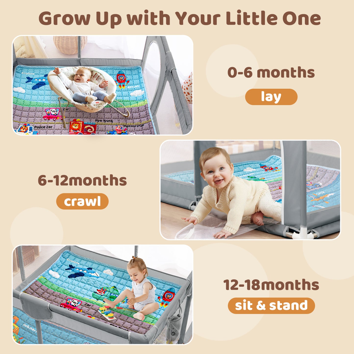 Beavtaens Baby Play Yard with Mat, 50"x50" Playpen for Babies and Toddlers, Safe and Non-Slip Baby Play Area with Zippered Door and Carrying Bag, Infant Travel Fence with Visible Mesh