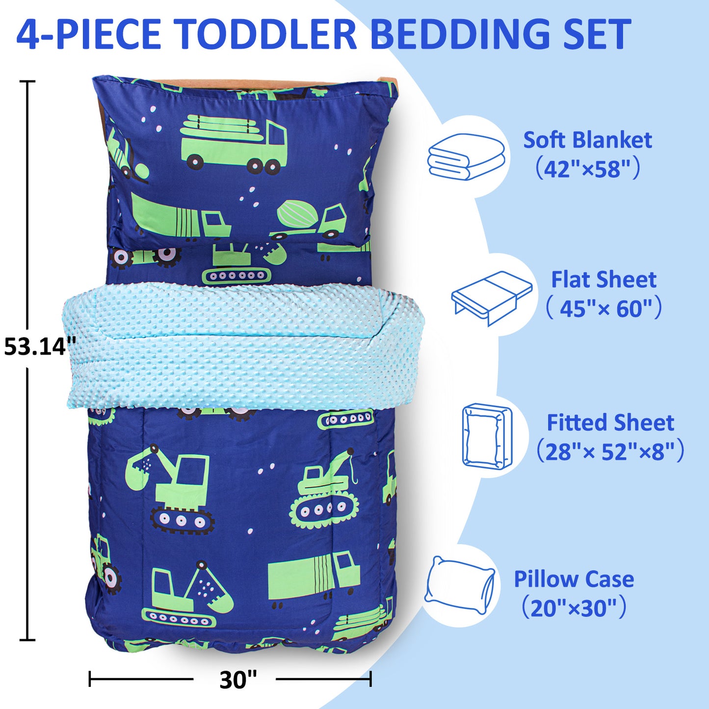 Baby Crib Bedding Set for Boy Girls, 4-Piece, Includes Pillowcase, Crib Sheet, Quilt, and Crib Fitted Sheet (Green Cars)