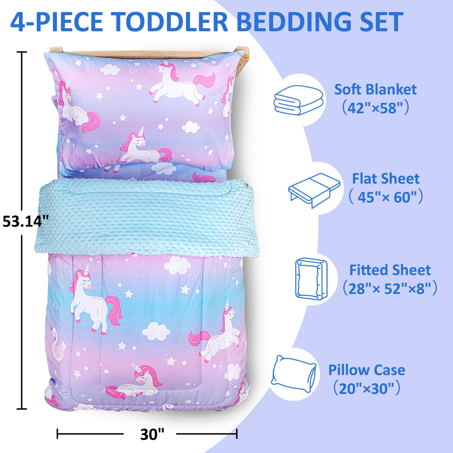 Baby Crib Bedding Set for Boy Girls, 4-Piece, Includes Pillowcase, Crib Sheet, Quilt, and Crib Fitted Sheet (Unicorn)