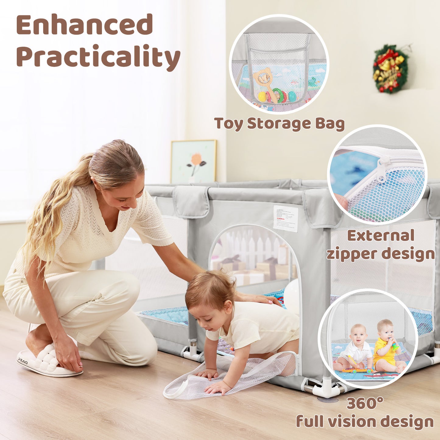 Beavtaens Baby Play Yard with Mat, 50"x50" Playpen for Babies and Toddlers, Safe and Non-Slip Baby Play Area with Zippered Door and Carrying Bag, Infant Travel Fence with Visible Mesh