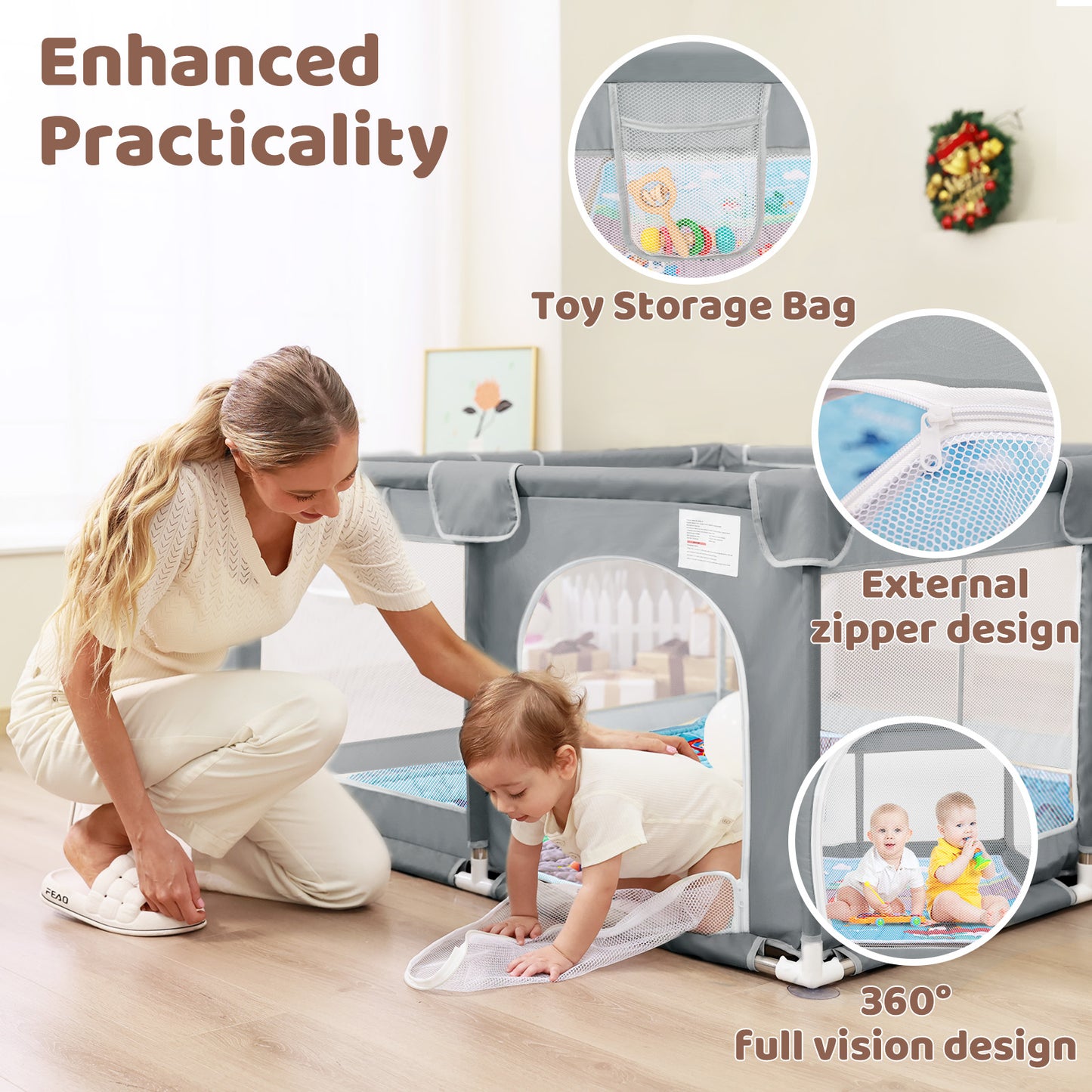 Beavtaens Baby Play Yard with Mat, 50"x50" Playpen for Babies and Toddlers, Safe and Non-Slip Baby Play Area with Zippered Door and Carrying Bag, Infant Travel Fence with Visible Mesh