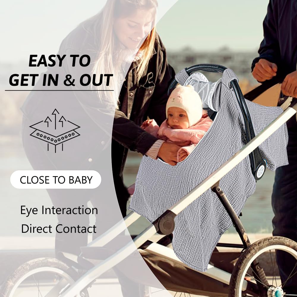 Beavtaens Baby Car Seat Cover, Muslin Infant Carseat Canopy with Breathable Mesh Peep Window & Pocket, Kick-Proof, for Boys Girls (Grey)