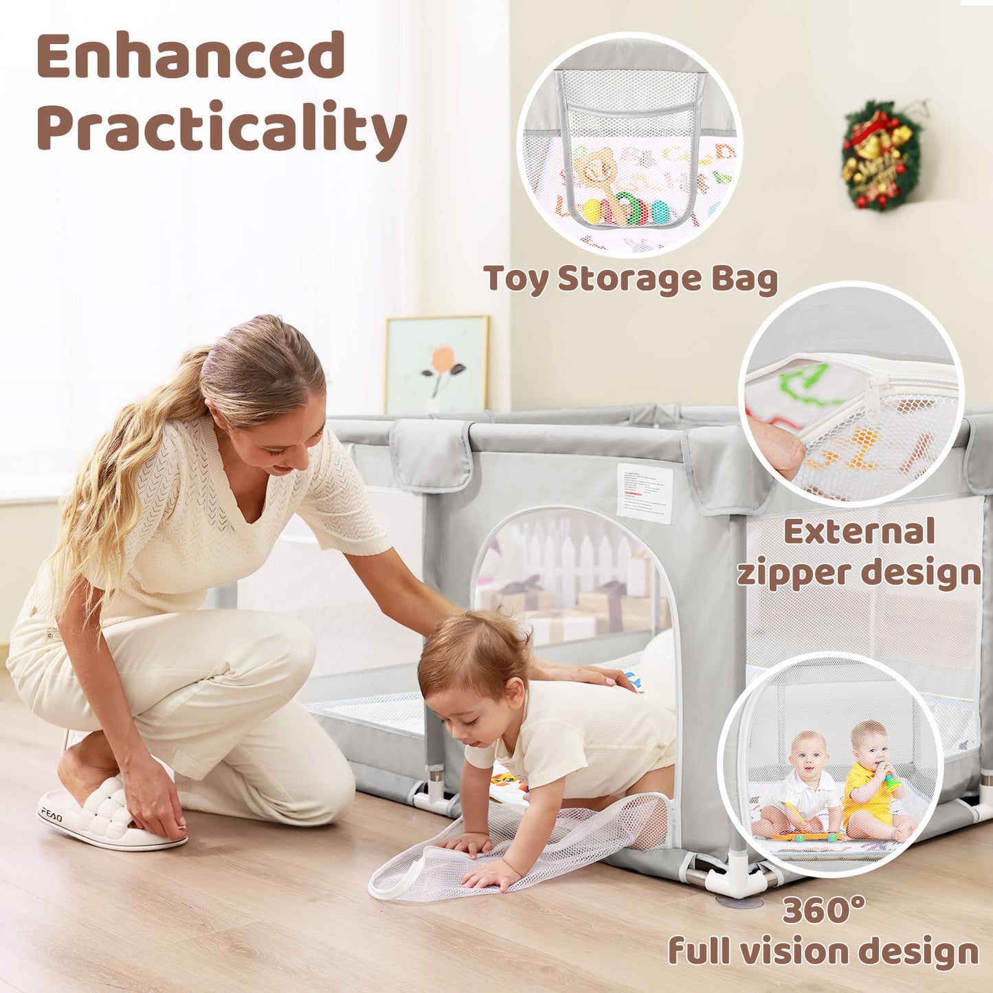 Beavtaens Baby Play Yard with Mat, 50"x50" Playpen for Babies and Toddlers, Safe and Non-Slip Baby Play Area with Zippered Door and Carrying Bag, Infant Travel Fence with Visible Mesh