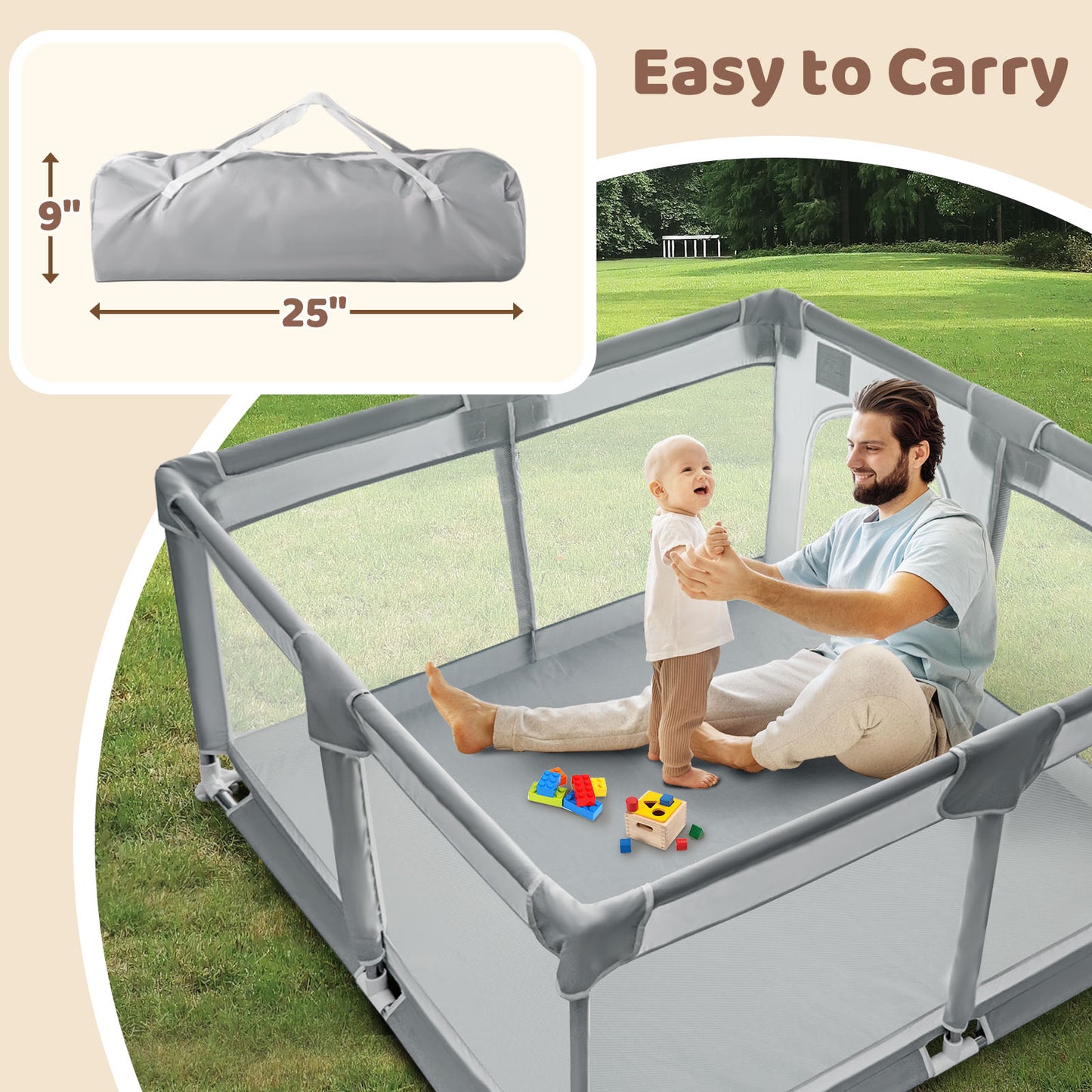 Beavtaens Baby Play Yard, 50"x50" Playpen for Babies and Toddlers, Safe and Non-Slip Baby Play Area with Zippered Door and Carrying Bag, Infant Travel Fence with Visible Mesh (Dark Gray)