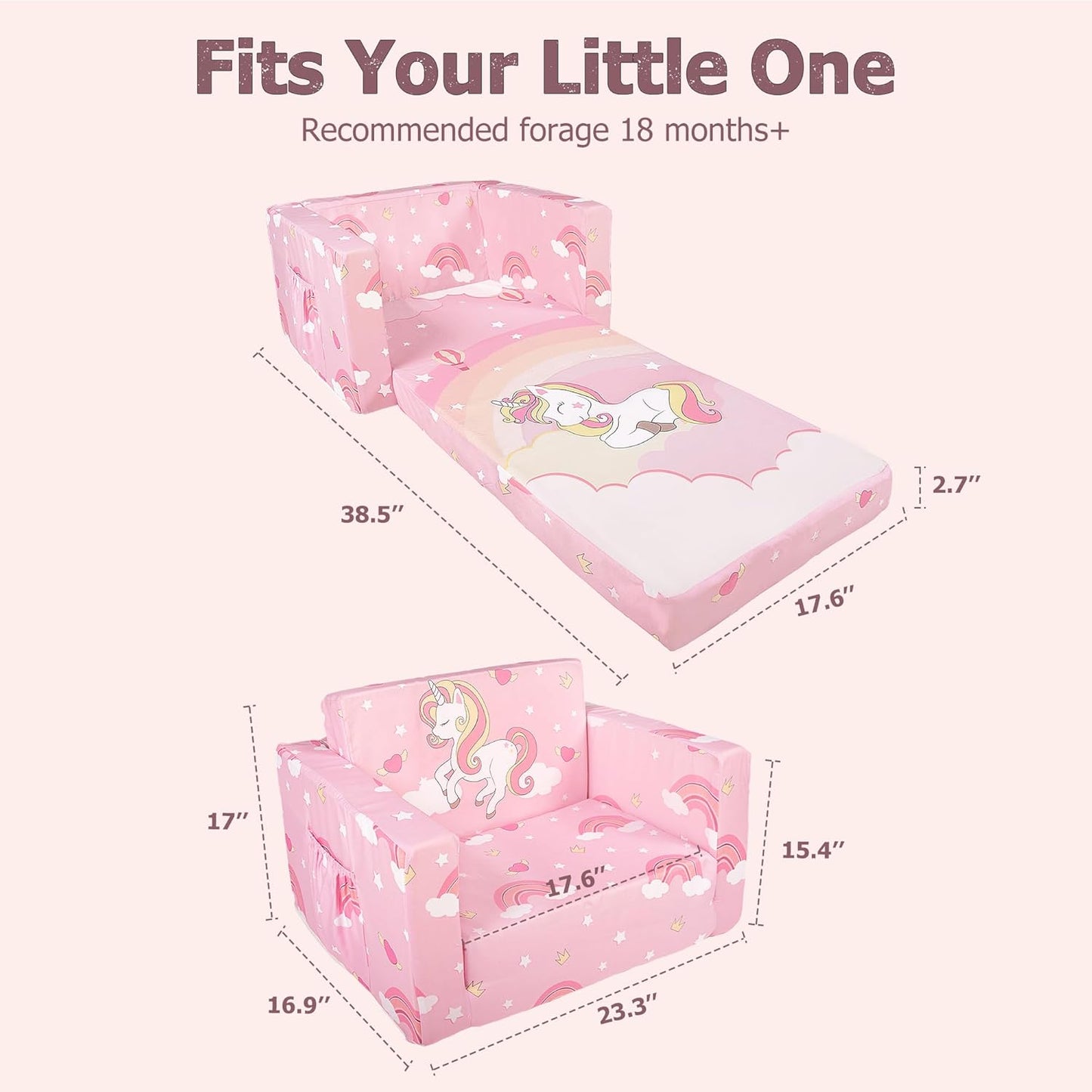 Beavtaens Kids Couch (Pink Rainbows)