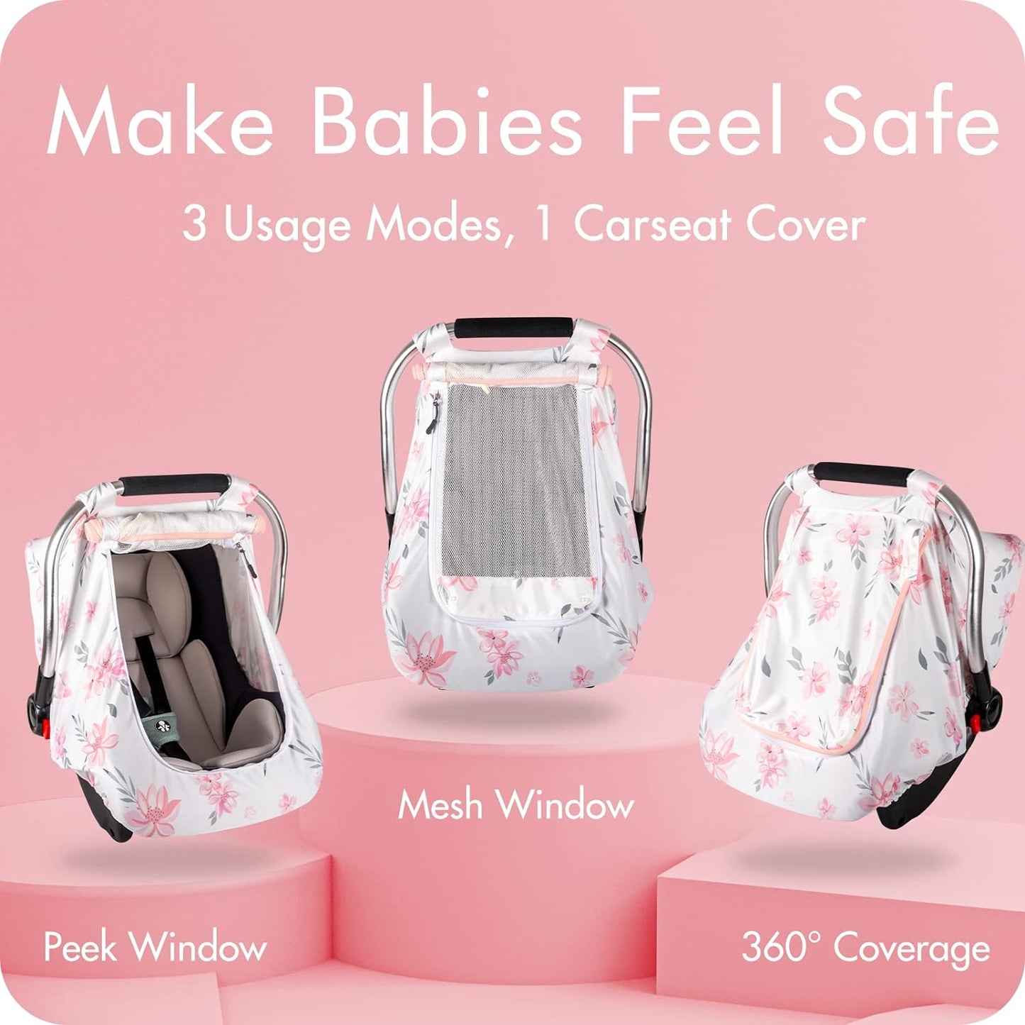 Beavtaens Car Seat Covers for Babies, Breathable and Stretchy Carseat Canopy with Large Window, Kick-Proof & Windproof, for Boys Girls(Flowers)