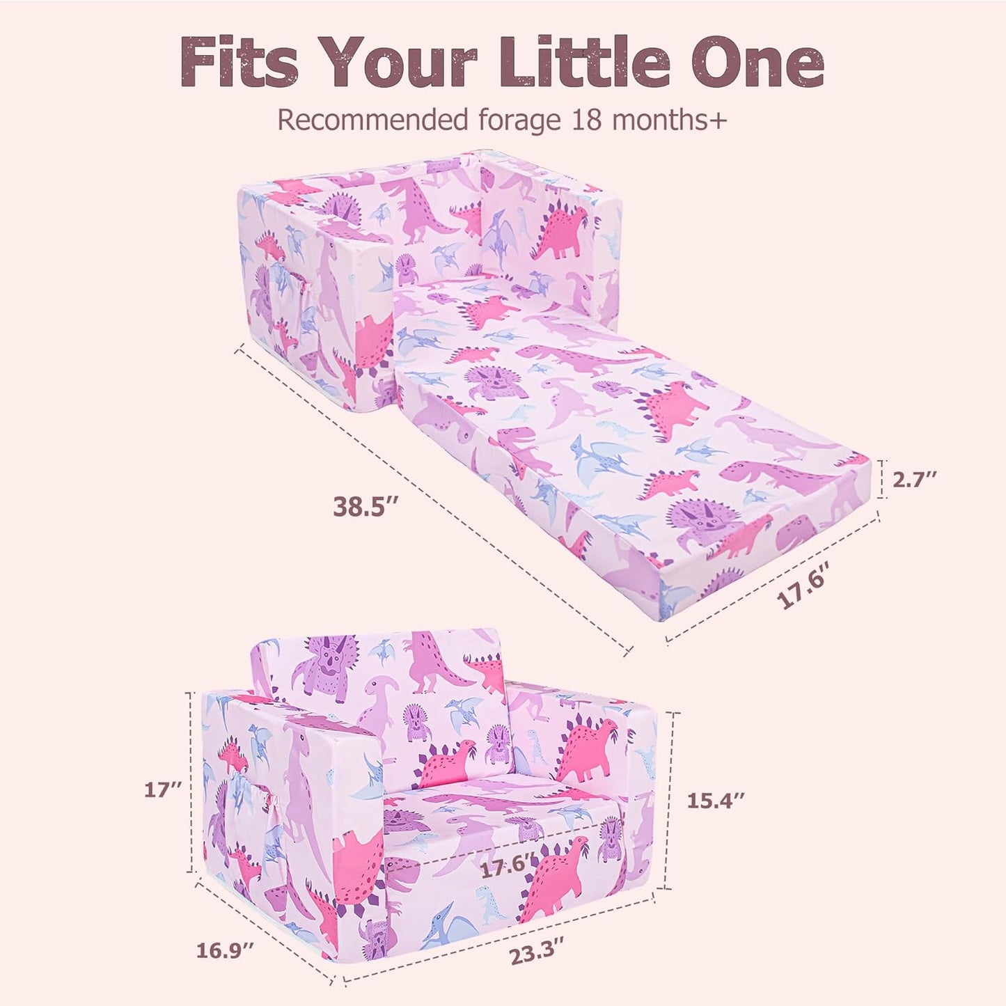 Beavtaens Kids Couch (Pink Dinosaurs)