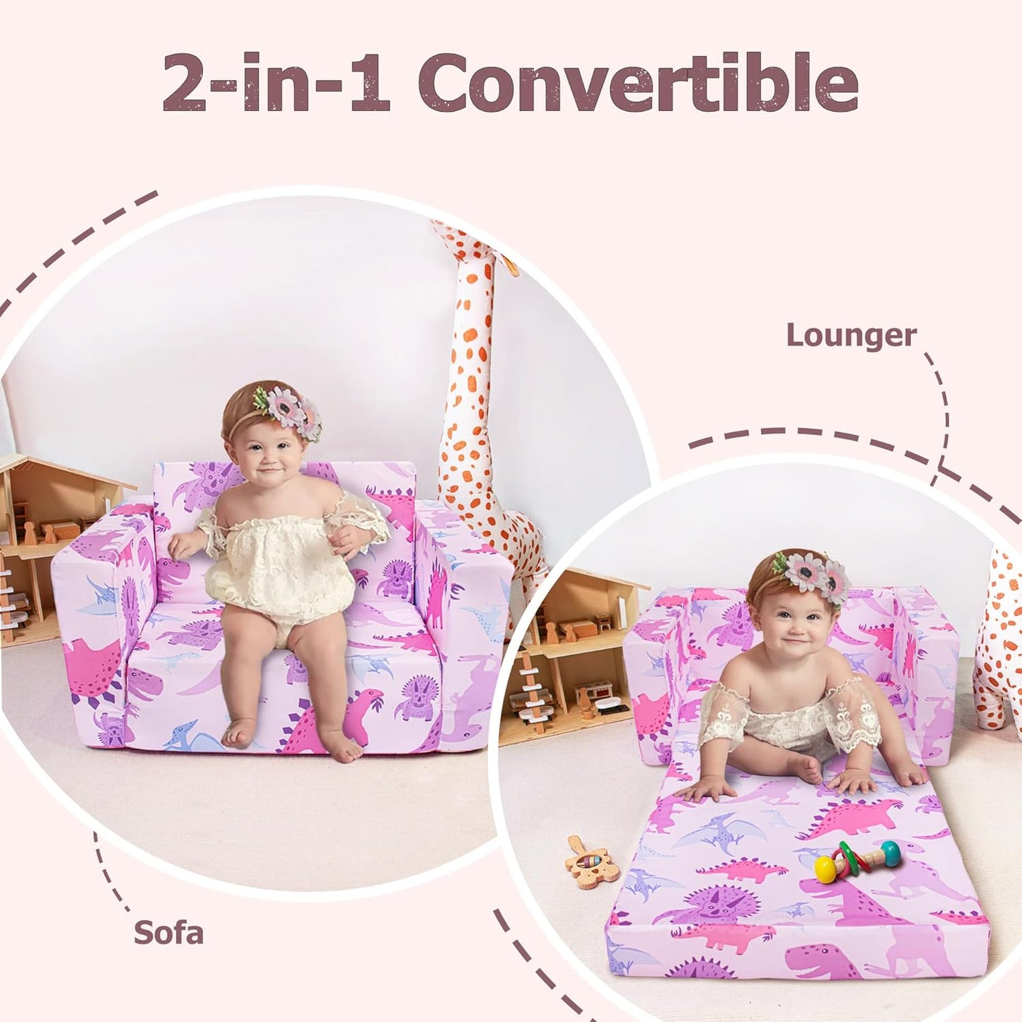 Beavtaens Kids Couch (Pink Dinosaurs)