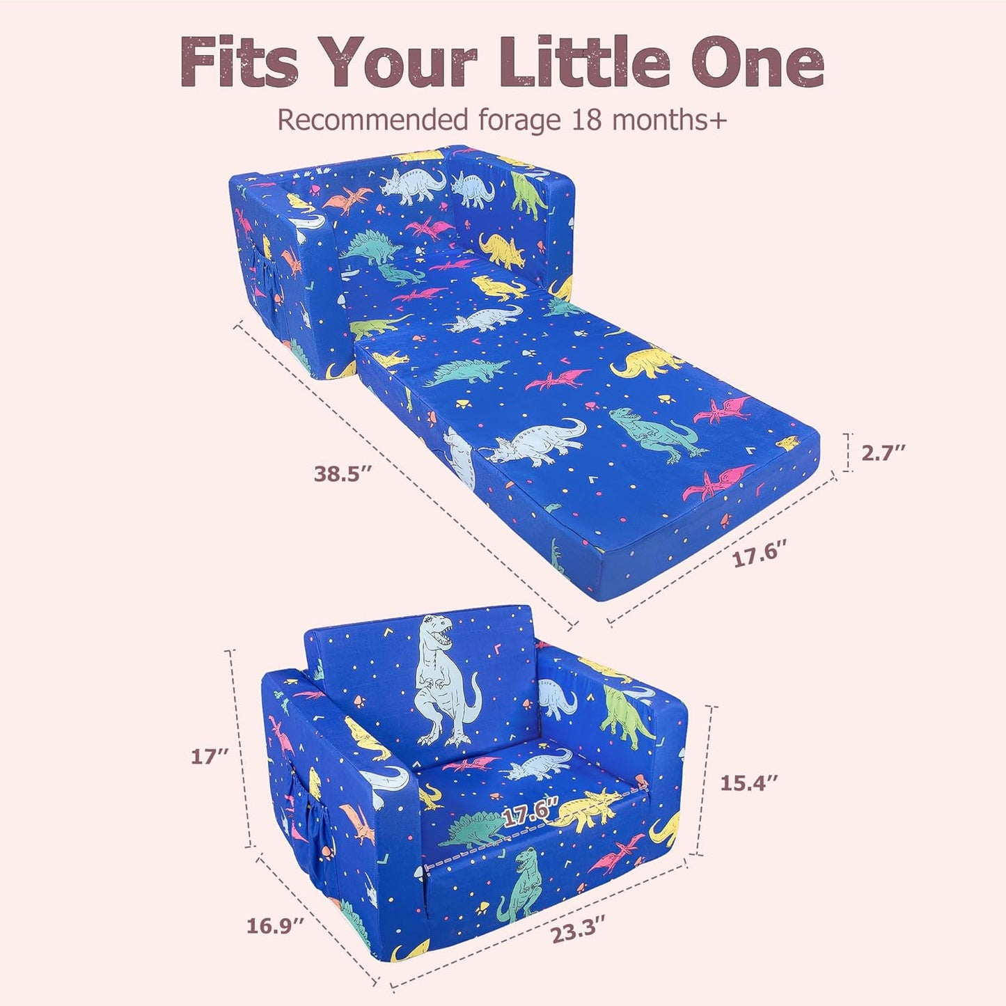 Beavtaens Kids Couch (Blue Dinosaurs)