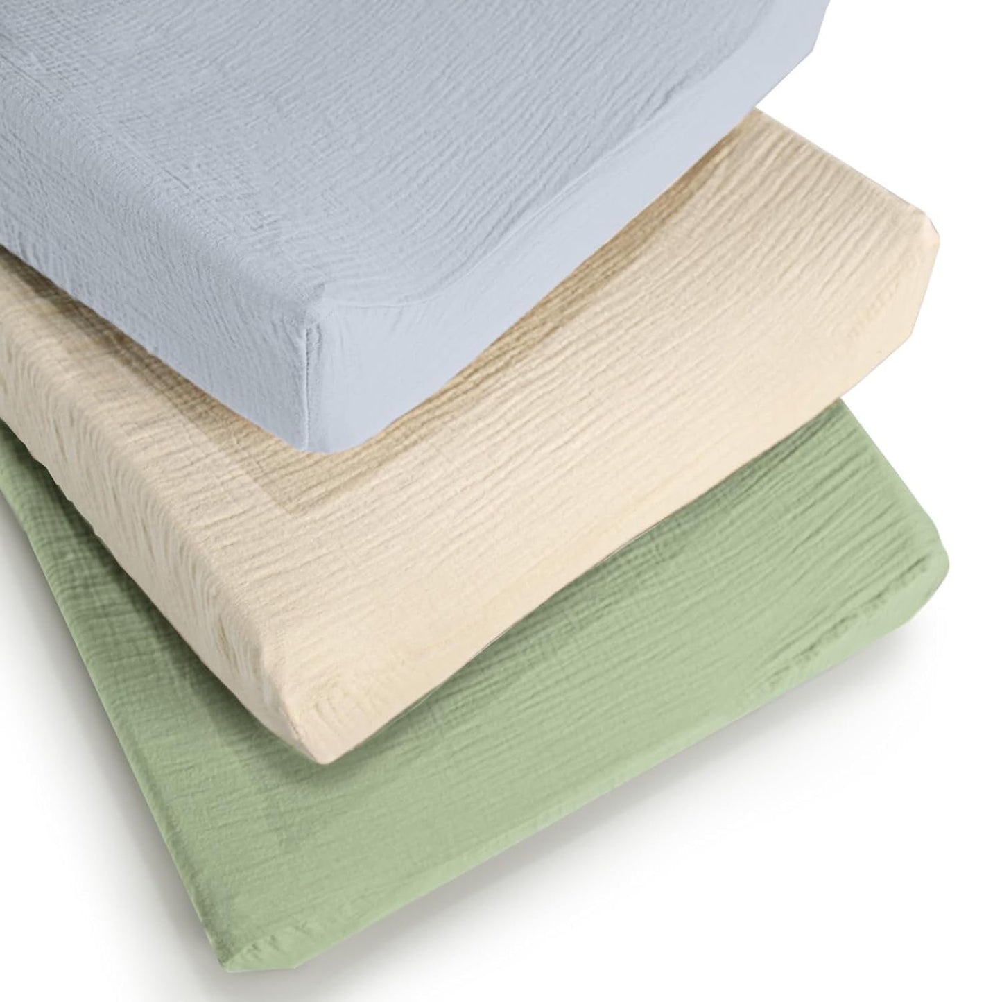 Beavtaens Muslin Changing Pad Cover, Solid Color, 100% Cotton, Washable, 3-Pack, for 0-2 Years Infant Boys Girls (Light Blue & Green)