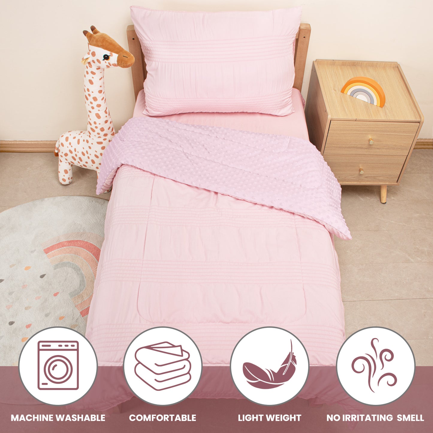 Baby Crib Bedding Set for Boy Girls, 4-Piece, Includes Pillowcase, Crib Sheet, Quilt, and Crib Fitted Sheet (Pink)