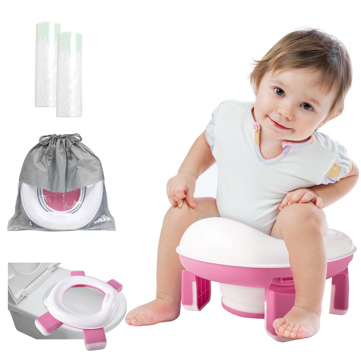 Beavtaens Portable Potty:Travel Potty with Leakproof Washable Liner 2 in 1 On The Go Potty Used as Standalone Potty & Potty Ring Car Potty with Handbag & 20 Disposable Liners (Pink) C33