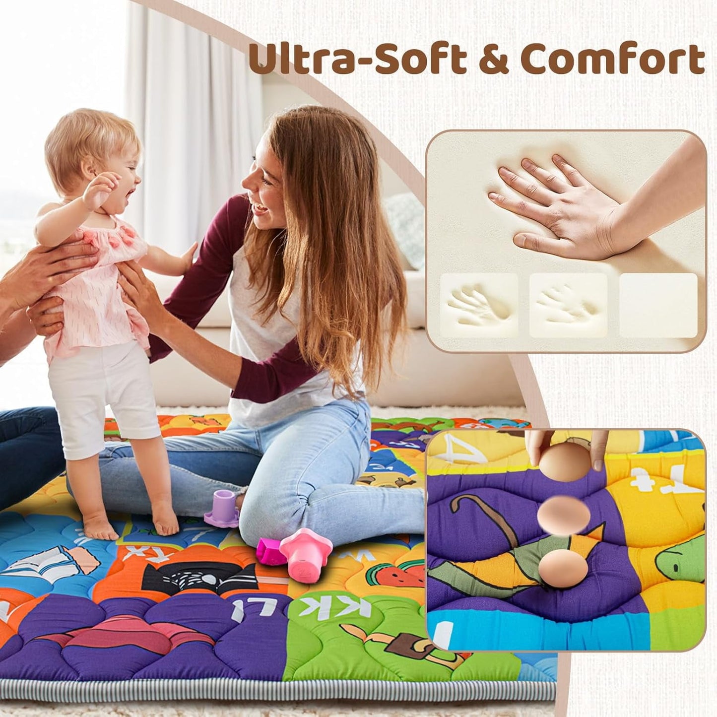 Beavtaens Baby Play Mat, Foam 50" X 50" Playpen Mat, Thick Crawling Portable Baby Floor Mat, Non-Slip, Machine Washable (Educational)