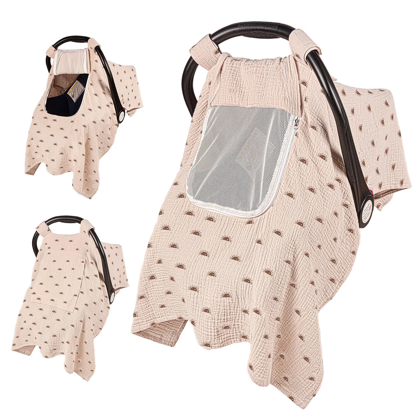 Baby Car Seat Cover, Muslin Infant Car Seat Cover, Carseat Cover with Breathable Mesh Peep Window & Pocket, Kick-Proof Infant Carseat Cover for Boys Girls (Sun)