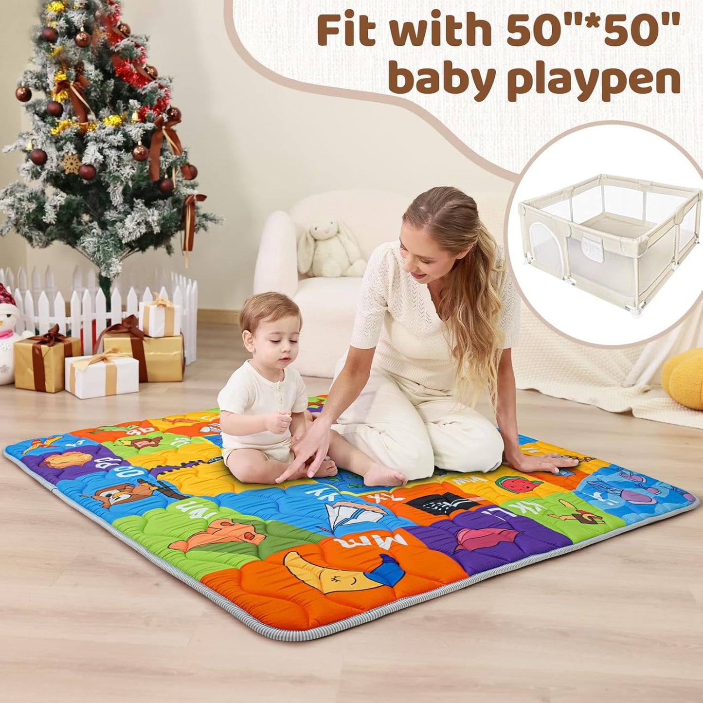 Beavtaens Baby Play Mat, Foam 50" X 50" Playpen Mat, Thick Crawling Portable Baby Floor Mat, Non-Slip, Machine Washable (Educational)