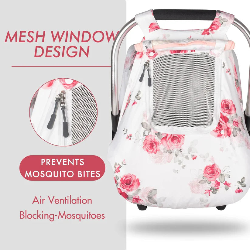 Beavtaens 3-in-1 Breathable Winter Baby Car Seat Cover with Storage Bag (Pink Flower)