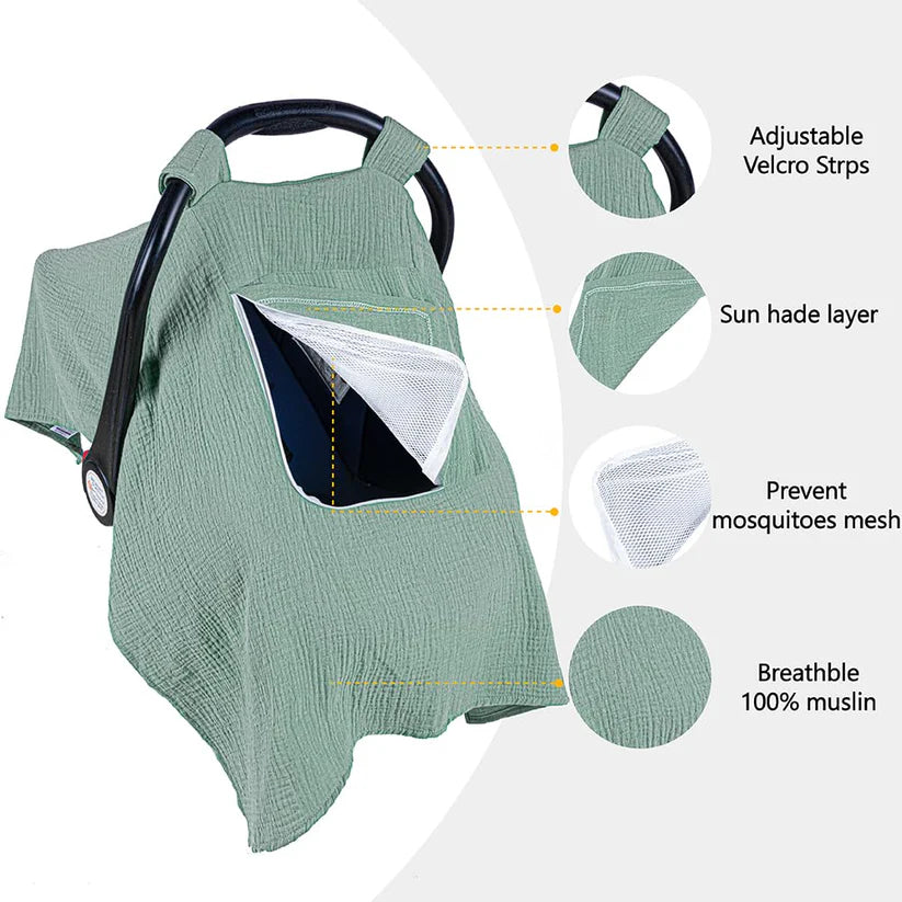 Beavtaens Baby Car Seat Cover, Muslin Infant Car Seat Cover, Carseat Cover with Breathable Mesh Peep Window & Pocket, Kick-Proof Infant Carseat Cover for Boys Girls (Green)
