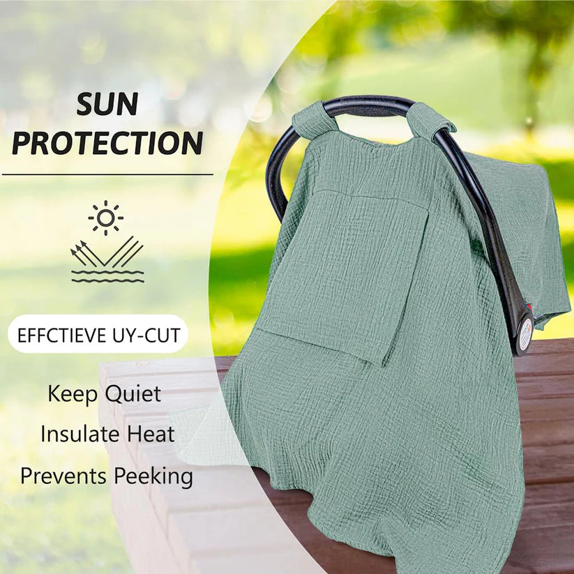 Beavtaens Baby Car Seat Cover, Muslin Infant Car Seat Cover, Carseat Cover with Breathable Mesh Peep Window & Pocket, Kick-Proof Infant Carseat Cover for Boys Girls (Green)