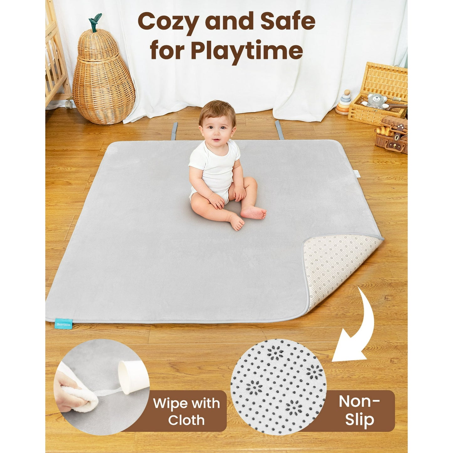 Beavtaens Baby Play Mat for Floor, Foam 50"x50"x1.2" Playpen Mat, Velvet, Thickened, for 0-4 Years (Grey)