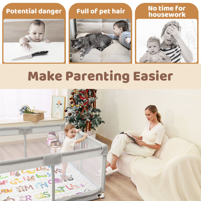 Beavtaens Baby Play Yard with Mat, 50"x50" Playpen for Babies and Toddlers, Safe and Non-Slip Baby Play Area with Zippered Door and Carrying Bag, Infant Travel Fence with Visible Mesh