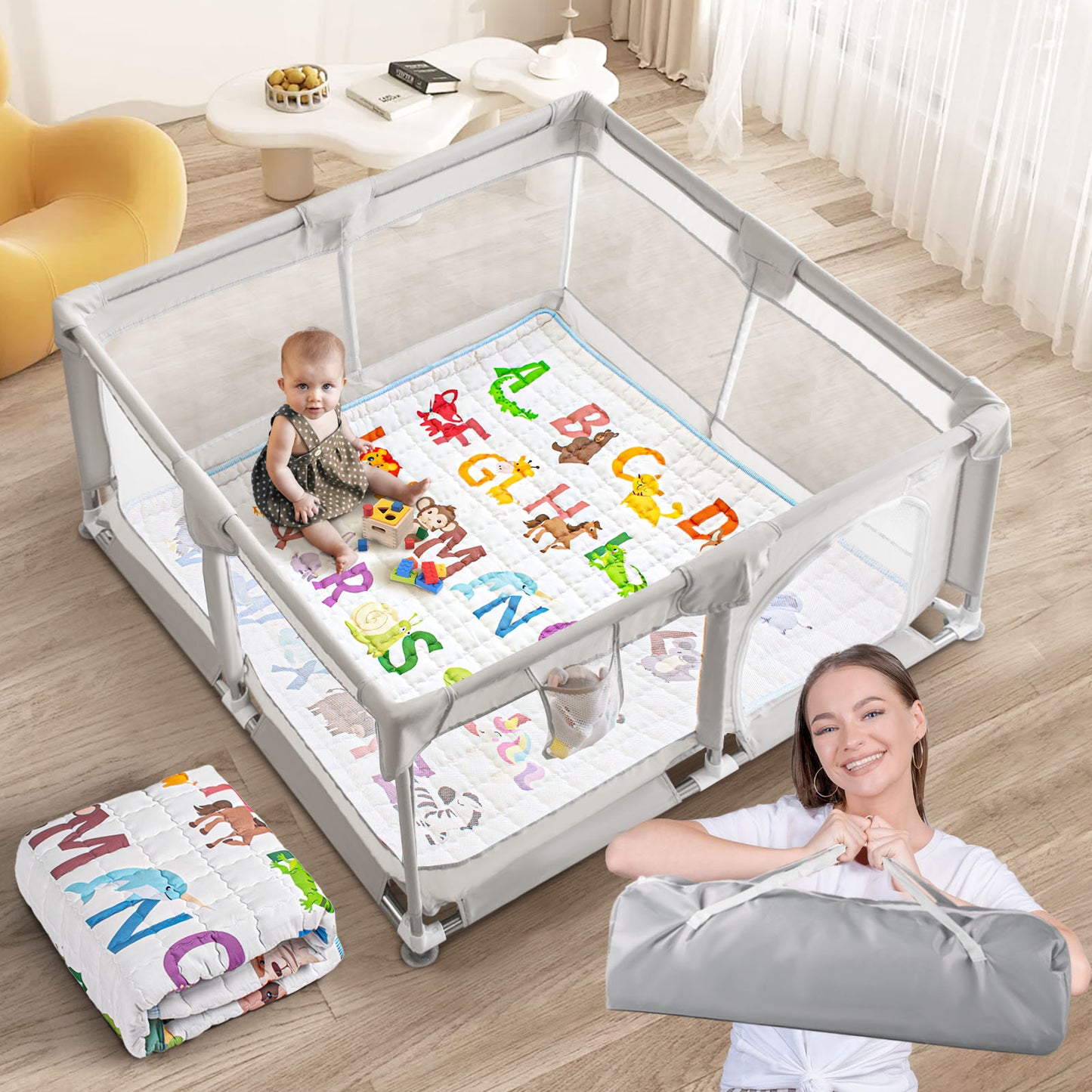Beavtaens Baby Play Yard with Mat, 50"x50" Playpen for Babies and Toddlers, Safe and Non-Slip Baby Play Area with Zippered Door and Carrying Bag, Infant Travel Fence with Visible Mesh