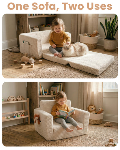 Beavtaens Foldable Toddler Couch with Soft Sherpa Cover, 2-in-1 Comfy Toddler Sofa & Lounger for 1-3 Years Old Girls Boys, Kids Chair with Pockets & Handle for Reading, Playroom, Pink