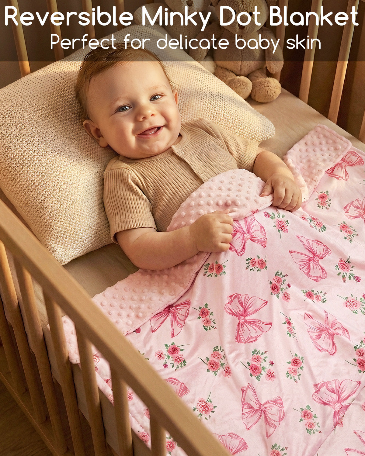 Beavtaens Baby Blanket, Double Layer Dotted Backing, Soft Plush for Newborn, 30"x 40", Pink Bow