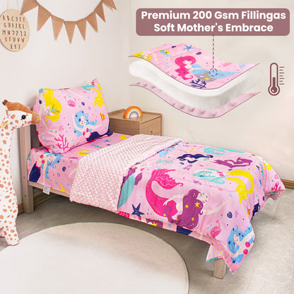 Baby Crib Bedding Set for Boy Girls, 4-Piece, Includes Pillowcase, Crib Sheet, Quilt, and Crib Fitted Sheet (Mermaid)