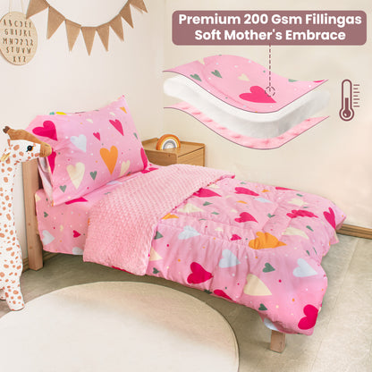 Baby Crib Bedding Set for Boy Girls, 4-Piece, Includes Pillowcase, Crib Sheet, Quilt, and Crib Fitted Sheet (Hearts)